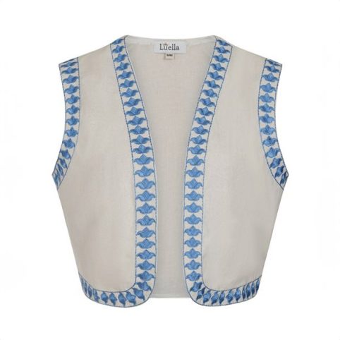Ivory With Blue Embroidered Cotton Waistcoat - From Source Lifestyle