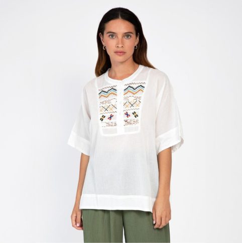 White Embroidered Front Cotton Tunic With Side Slits - From Source Lifestyle