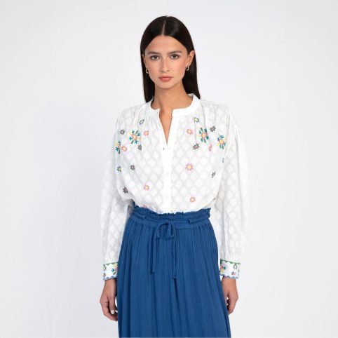 Pretty Blue, Pink, Yellow & Green An'ge Embroidered White Shirt- From Source Lifestyle
