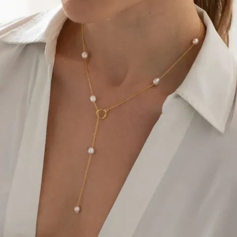 Gold Lariat Freshwater Pearl Necklace - From Source Lifestyle UK