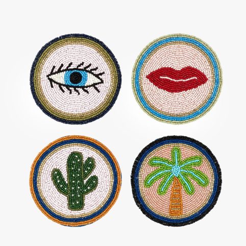 Set Of 4 Icon Beaded Coasters. Including an Eye, Lips, Cacti & Palm Tree. From Source Lifestyle