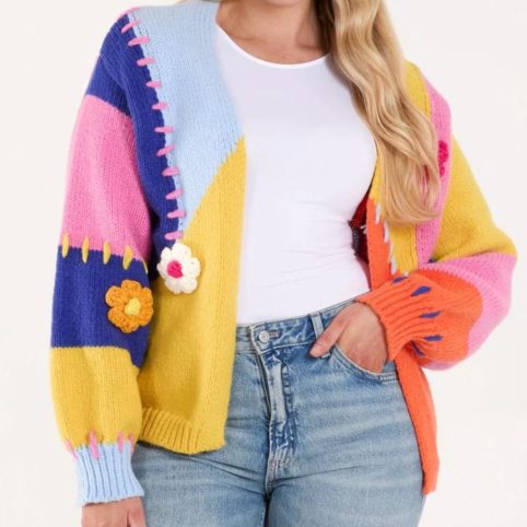 Colourblock Knit Flower Cardigan In Blues, Pinks and Yellow - Buy Source Lifestyle UK