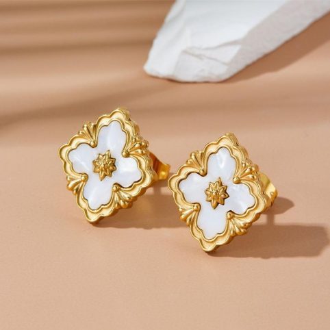 Gold Plated Ornate Clover Earrings With Faux Pearl Detail - From Source Lifestyle UK