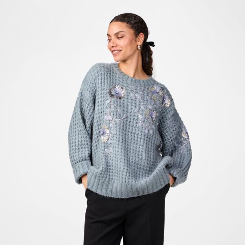 YAS Sequin Flower Jumper In Soft Blue - From Source Lifestyle