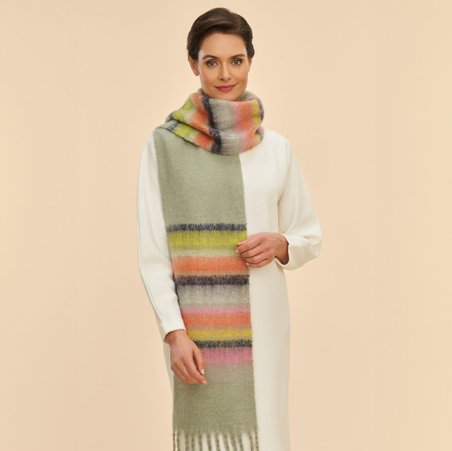 Powder Green Stripe Scarf With Fringing - Buy Online UK