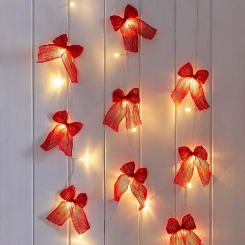 Battery Operated Red Fabric Bow String Lights - From Source Lifestyle UK